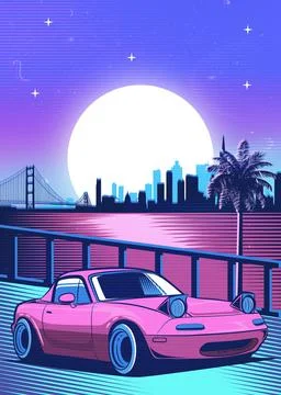 Retro red Car Synthwave Poster with vaporwave sunset, neon gradient background Stock Illustration