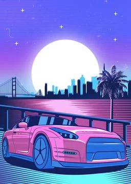 Retro red Car Synthwave Poster with vaporwave sunset, neon gradient background Stock Illustration