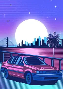 Retro red Car Synthwave Poster with vaporwave sunset, neon gradient background Illustrazione stock