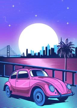 Retro red Car Synthwave Poster with vaporwave sunset, neon gradient background Illustrazione stock