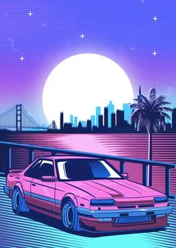 Retro red Car Synthwave Poster with vaporwave sunset, neon gradient background Illustrazione stock
