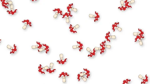 Retro Red Spotted Mushrooms Falling Downwards on White Background Stock Footage 341908248