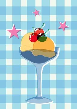 Retro Risograph Ice Cream Sundae with Cherries on Gingham Background Stock Illustration