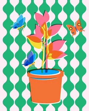 Retro Risograph Illustration of Potted Monstera Plant with Colorful Butterfli Stock Illustration