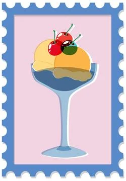 Retro Risograph Style Ice Cream Sundae with Cherries on Postage Stamp Stock Illustration