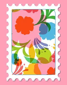 Retro Risograph Style Postage Stamp with Vibrant Floral Pattern 库存插图