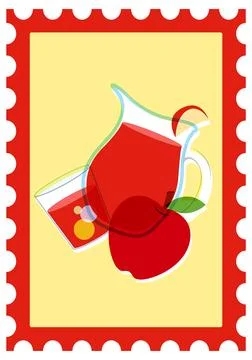 Retro Risograph Style Postage Stamp Illustration of Apple Juice and Fruit Stock Illustration