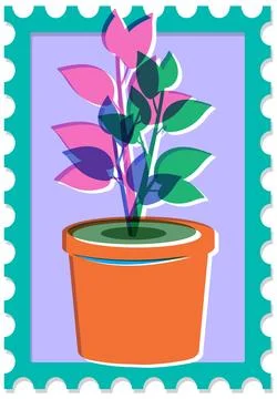 Retro Risograph Style Potted Monstera Plant on Postage Stamp Illustration Stock Illustration