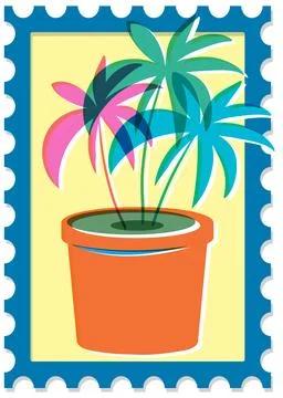 Retro Risograph Style Potted Monstera Houseplant Postage Stamp Illustration Stock Illustration