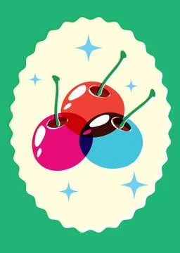 Retro Risograph Style Vector Illustration of Colorful Cherries on Poster Stock Illustration