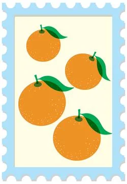 Retro Risograph Vector Illustration of Four Oranges on a Postage Stamp 스톡 일러스트