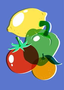 Retro Risograph Vector Illustration of Fresh Vegetables and Citrus Fruits Illustrazione stock