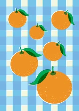 Retro Risograph Vector Illustration of Oranges on Blue Checkered Background Stock Illustration