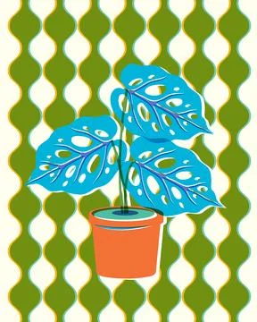 Retro Risograph Vector Illustration of a Potted Monstera Houseplant Stock Illustration