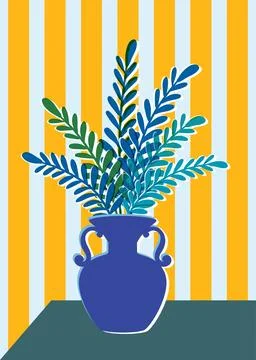 Retro Risograph Vector Illustration of Potted Houseplant in Blue Vase Stock Illustration