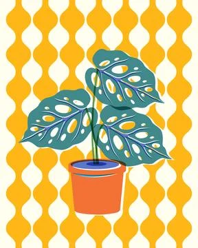 Retro Risograph Vector Illustration of Potted Monstera Houseplant Stock Illustration
