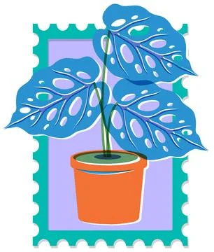 Retro Risograph Vector Illustration of Potted Monstera Plant on Postage Stamp Stock Illustration