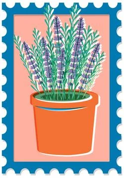 Retro Risograph Vector Illustration of Potted Lavender Plant on Postage Stamp Stock Illustration