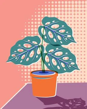 Retro Risograph Vector Illustration of a Potted Monstera Houseplant 스톡 일러스트