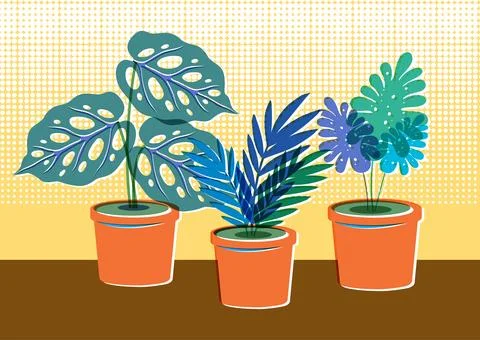 Retro Risograph Vector Illustration of Potted Monstera and Tropical Houseplan Stock Illustration
