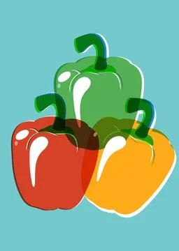Retro Risograph Vector Illustration of Three Colorful Bell Peppers Stock Illustration