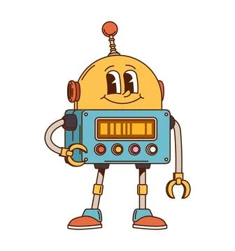 Retro robot and android groovy cute character Illustrazione stock