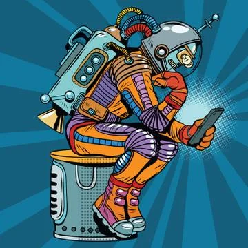 Retro robot astronaut in the thinker pose reads smartphone Stock Illustration