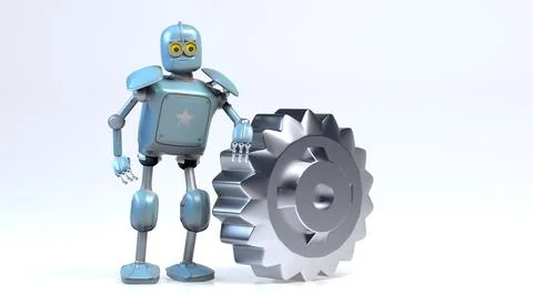 Retro robot with gear,3d render. Stock Photos