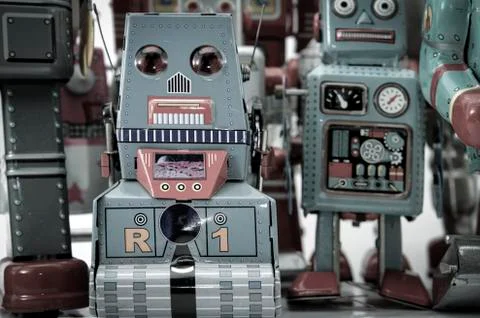 Retro robot group macro Stock Photos