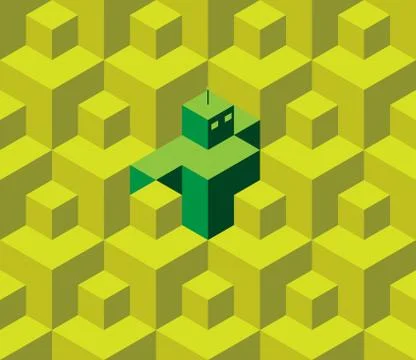Retro robot is hiding between the isometric cubes - seamless pattern illustra Illustrazione stock