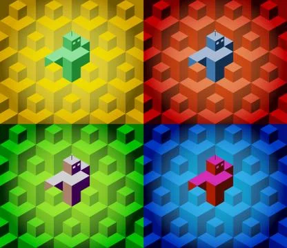 Retro robot is hiding between the isometric cubes - seamless pattern illustra Stock Illustration