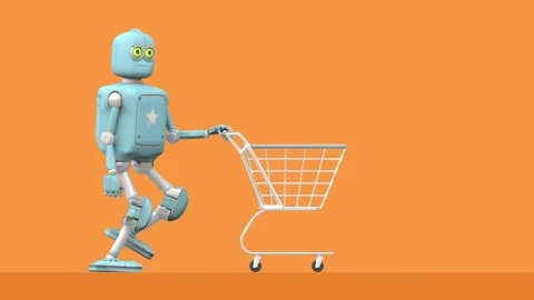 Retro robot moving empty shoping cart, 3D video render cartoon style, on or.. Stock Footage 247961081