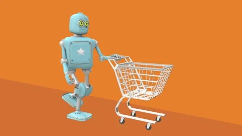 Retro robot moving empty shopping cart, 3D video render cartoon style, on o.. Stock Footage 248071850