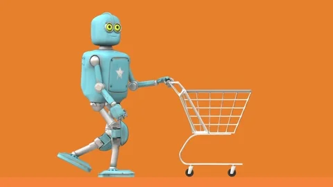 Retro robot moving empty shopping cart, 3D video render cartoon style, on o.. Stock Footage 248071862