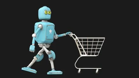 Retro robot moving empty shopping cart, 3D video render cartoon style Stock Illustration