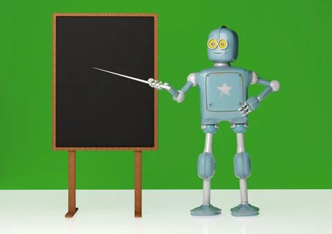 Retro robot with pointer stick on green background. 3d illustration. Robot .. Foto stock