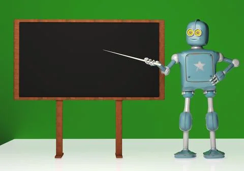 Retro robot with pointer stick on green background. 3d illustration. Robot .. Foto stock