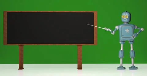 Retro robot with pointer stick on green background. 3d illustration. Robot .. Stock Photos