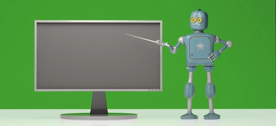 Retro robot with pointer stick on green background. 3d illustration. Robot .. Stock-Fotos