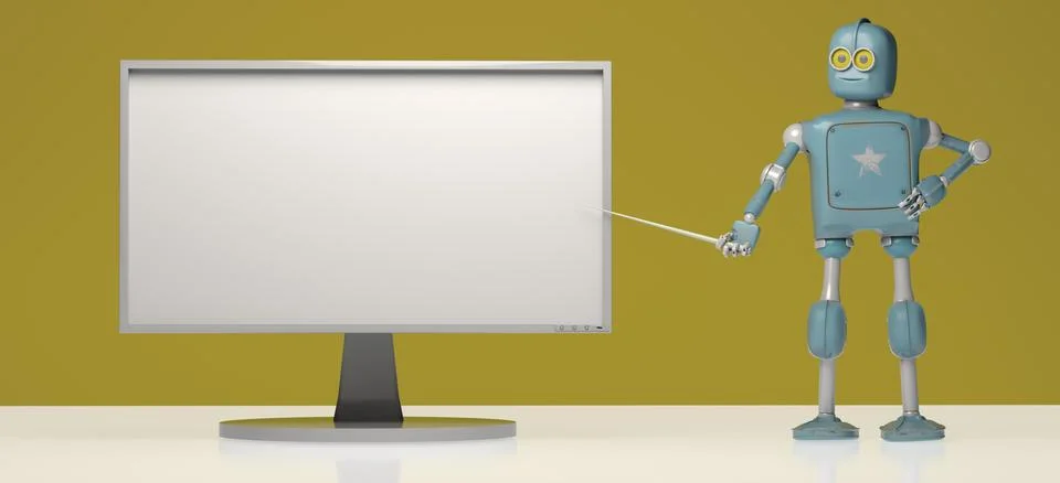 Retro robot with pointer stick on orange background. 3d illustration. Robot.. Stock Photos