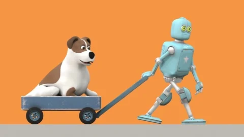 Retro robot pulling a dog on a cart, cartoon style, on orange background, a.. Stock Footage 246429108