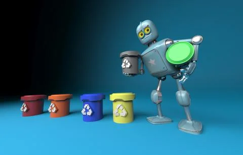 Retro robot with recycle trash bin.separate waste collection environmental .. Stock Illustration