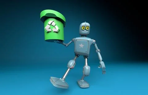Retro robot with recycle trash bin.separate waste collection environmental .. Stock Photos
