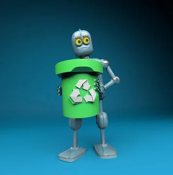 Retro robot with recycle trash bin.separate waste collection environmental .. Stock Photos
