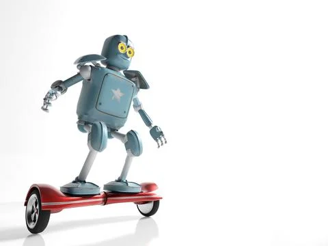 Retro robot rides on a gyroscope hoverboard isolate on white 3d render. Stock Photos