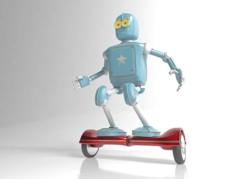 Retro robot rides on a gyroscope hoverboard isolate on white 3d render. Stock Photos