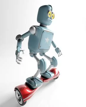 Retro robot rides on a gyroscope hoverboard isolate on white 3d render. Stock Photos