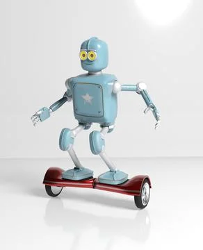Retro robot rides on a gyroscope hoverboard isolate on white 3d render. Stock Photos