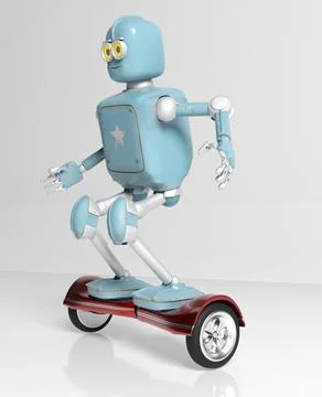 Retro robot rides on a gyroscope hoverboard isolate on white 3d render. Foto stock
