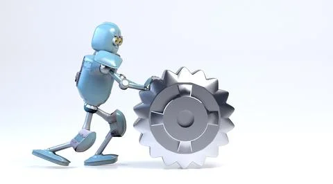 Retro robot rolls a gear,3d render. Stock Photos